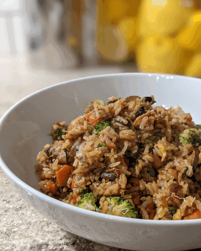White bowl of homemade pork fried rice.